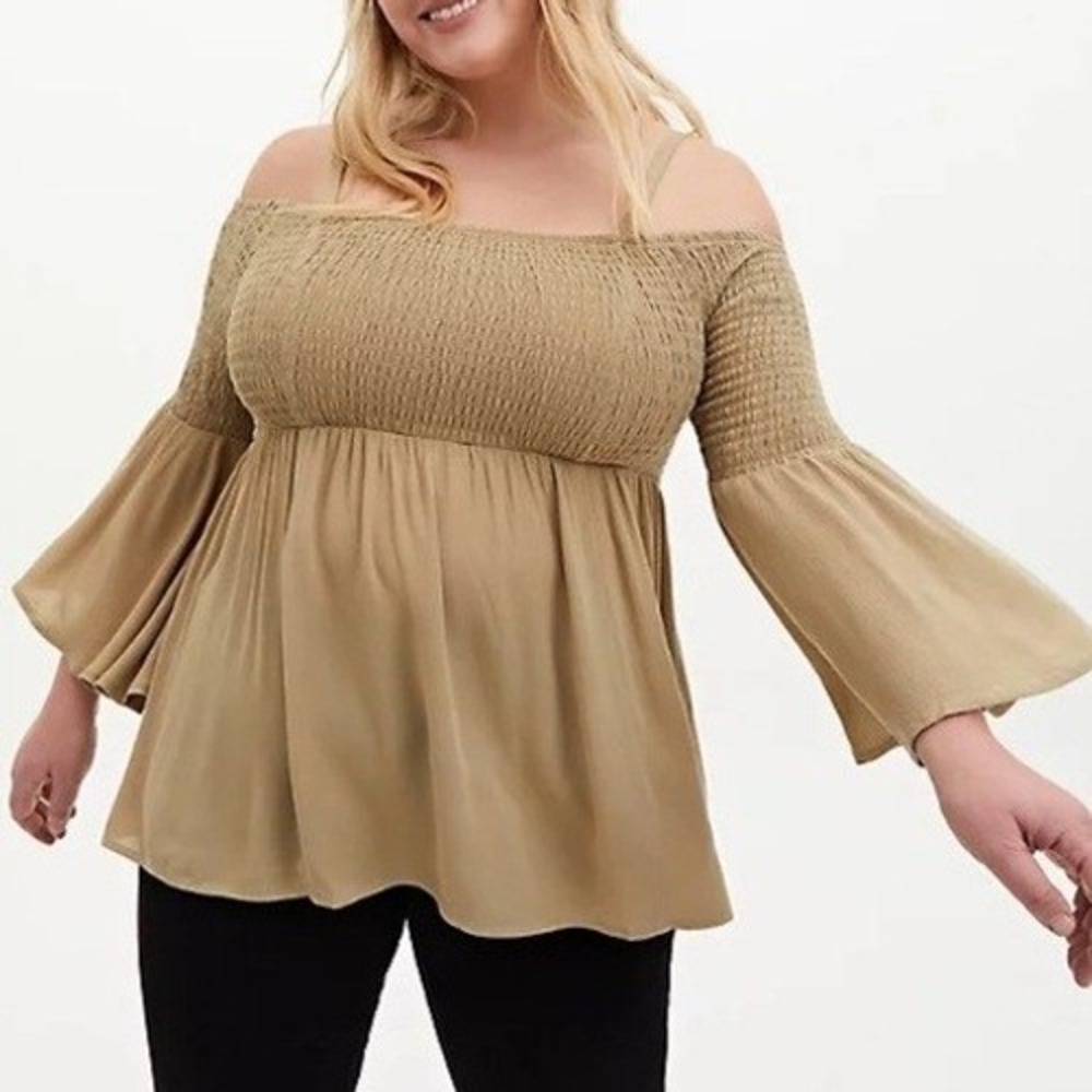 Torrid Women 2X Khaki Tan Smocked Cold Shoulder Bell Sleeve Blouse